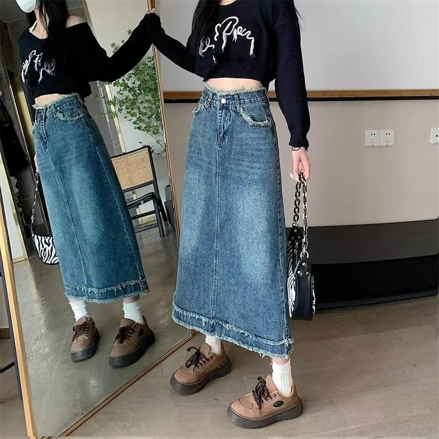 Women's Oversized high Waisted mid Length Distressed Denim Skirt, Casual Retro Ruffled Denim Skirt