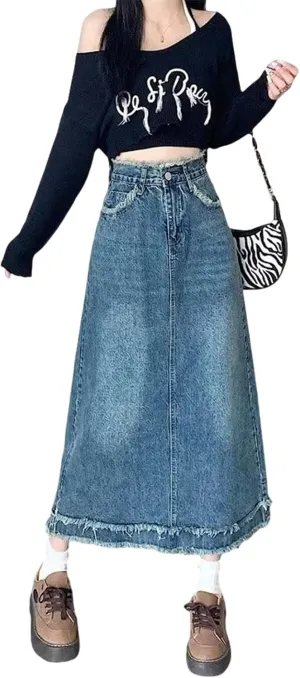 Women's Oversized high Waisted mid Length Distressed Denim Skirt, Casual Retro Ruffled Denim Skirt