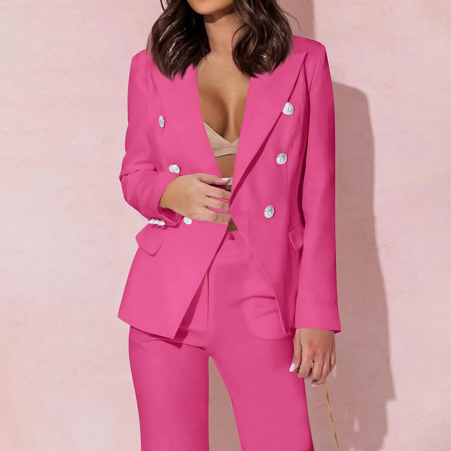 Women's Pants Suit 2 Pieces Fashion Double Breasted Long Sleeve Work Office Blazer Sets Trendy Plus Size Outfits