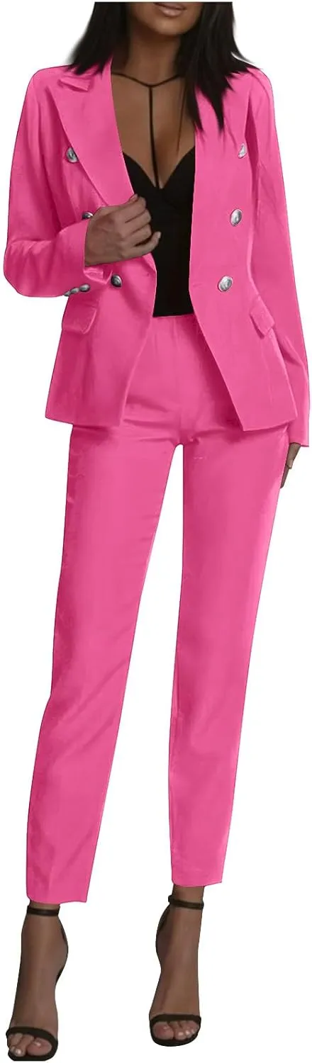 Women's Pants Suit 2 Pieces Fashion Double Breasted Long Sleeve Work Office Blazer Sets Trendy Plus Size Outfits