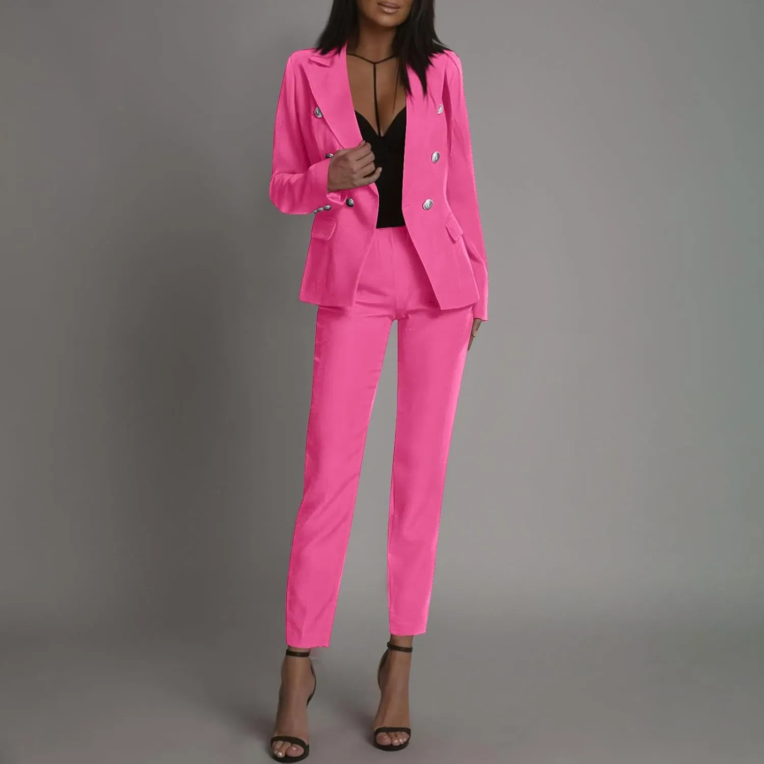 Women's Pants Suit 2 Pieces Fashion Double Breasted Long Sleeve Work Office Blazer Sets Trendy Plus Size Outfits