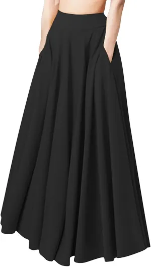 Womens Party Skirt Solid Color Midi Long Shirring Pleated Skirts High Waisted A Line Skirts Casual Skirt for Women