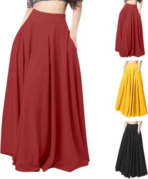 Womens Party Skirt Solid Color Midi Long Shirring Pleated Skirts High Waisted A Line Skirts Casual Skirt for Women