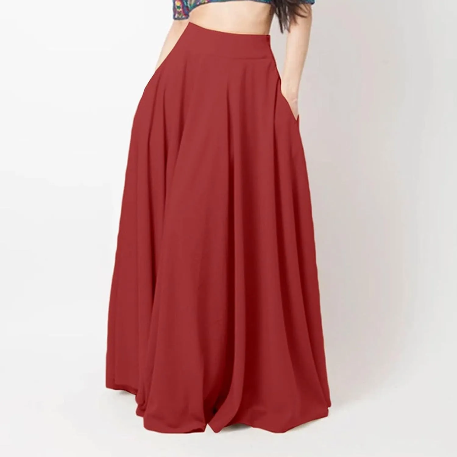 Womens Party Skirt Solid Color Midi Long Shirring Pleated Skirts High Waisted A Line Skirts Casual Skirt for Women