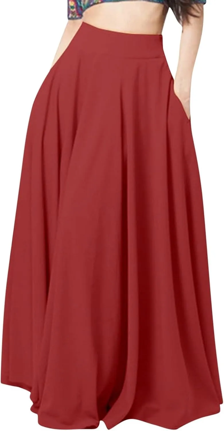 Womens Party Skirt Solid Color Midi Long Shirring Pleated Skirts High Waisted A Line Skirts Casual Skirt for Women