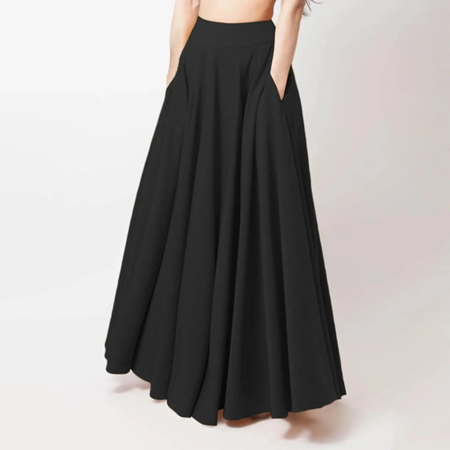 Womens Party Skirt Solid Color Midi Long Shirring Pleated Skirts High Waisted A Line Skirts Casual Skirt for Women