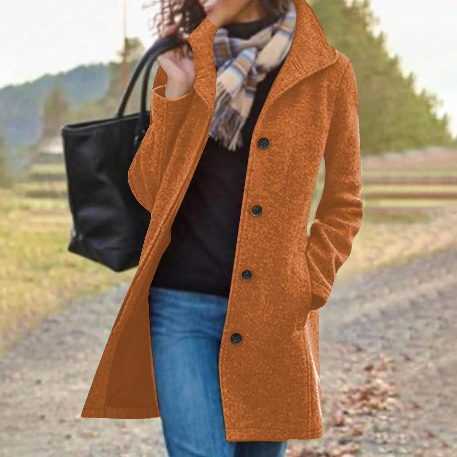 Womens Pea Coat Winter Fall Classic Button Down Stand Collar Peacoat Dressy Casual Elegant Trench Coat with Pocket