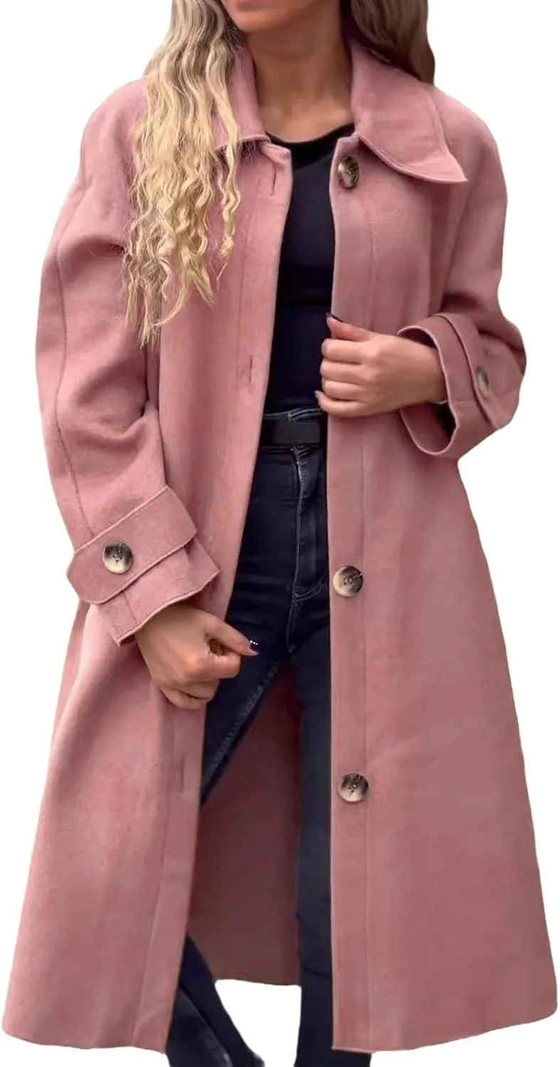 Womens Pea Coat Wool Blend Long Trench Coat Single Breasted Lapel Collar Peacoat Fall Winter Elegant Outerwear