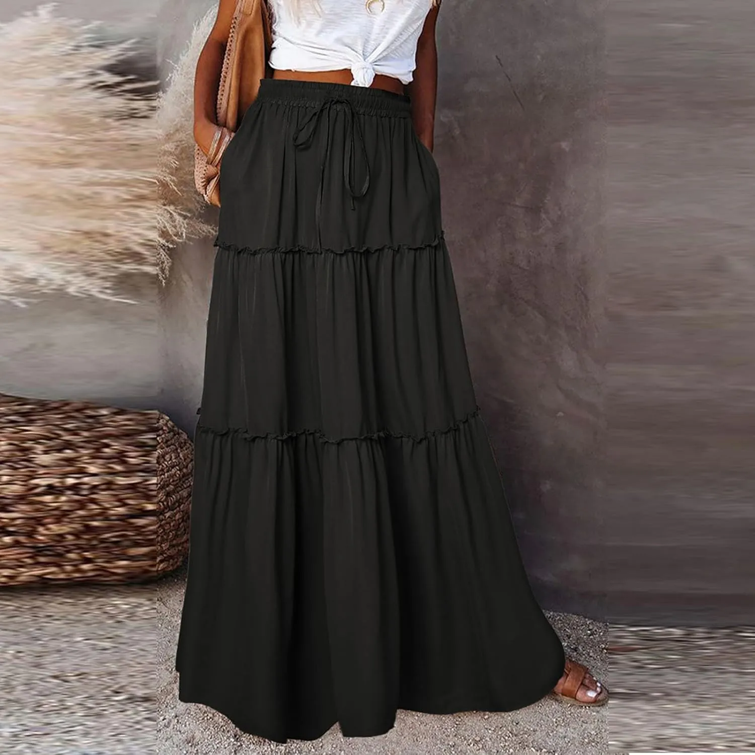 Womens Pleated A-Line Elastic High Waist Maxi Skirt 2025 Summer Casual Trendy Flowy Swing Boho Long Beach Dress
