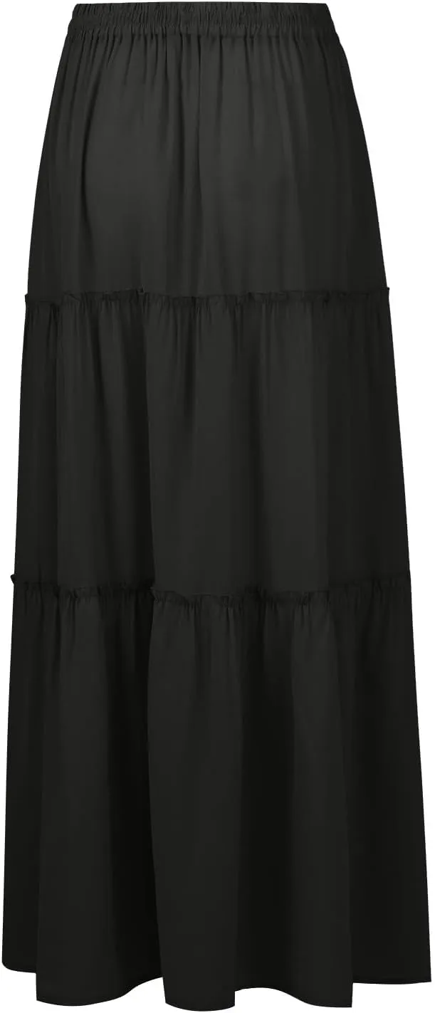 Womens Pleated A-Line Elastic High Waist Maxi Skirt 2025 Summer Casual Trendy Flowy Swing Boho Long Beach Dress