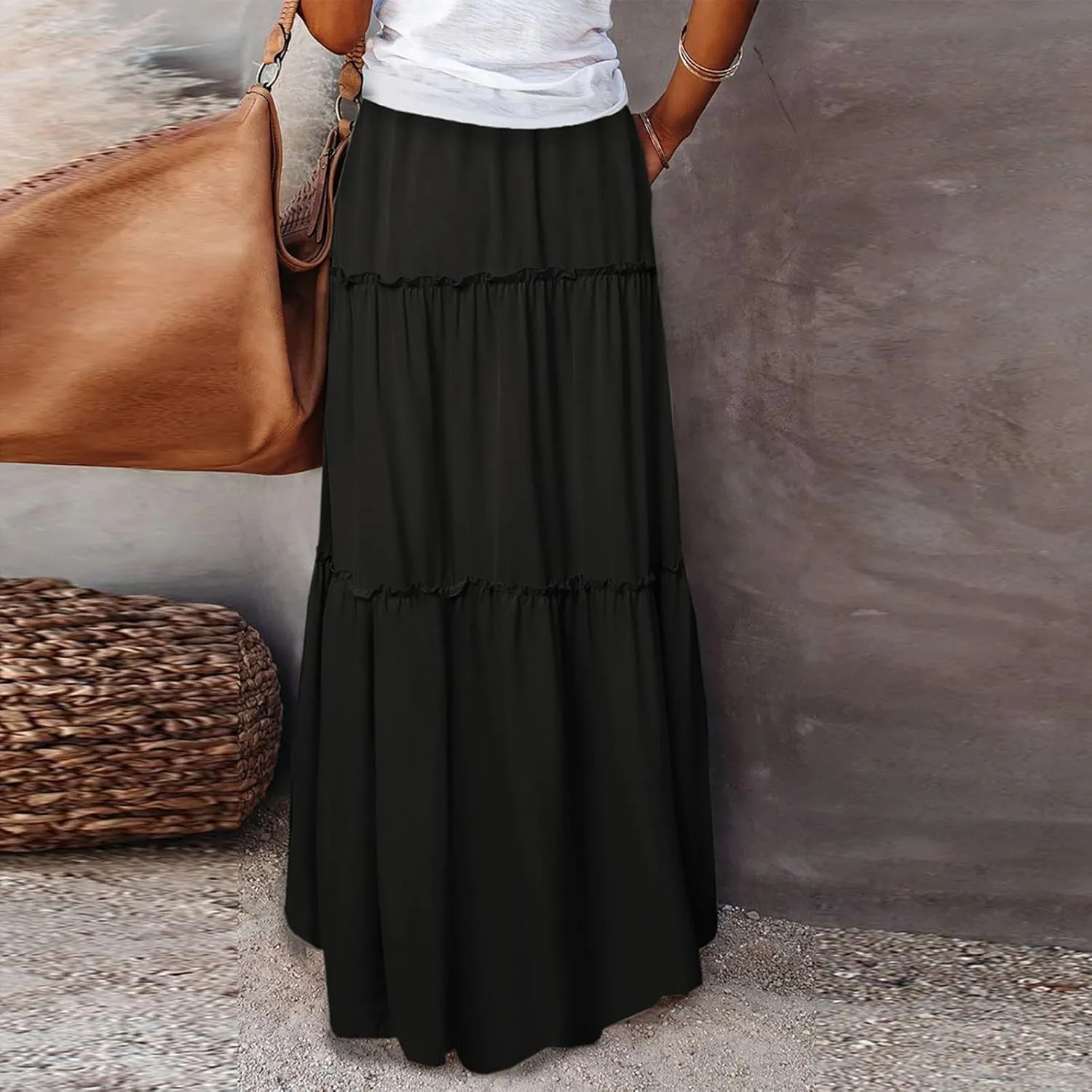 Womens Pleated A-Line Elastic High Waist Maxi Skirt 2025 Summer Casual Trendy Flowy Swing Boho Long Beach Dress