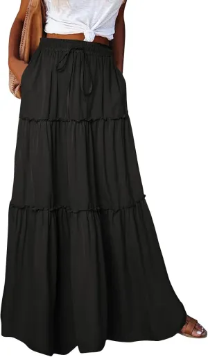 Womens Pleated A-Line Elastic High Waist Maxi Skirt 2025 Summer Casual Trendy Flowy Swing Boho Long Beach Dress