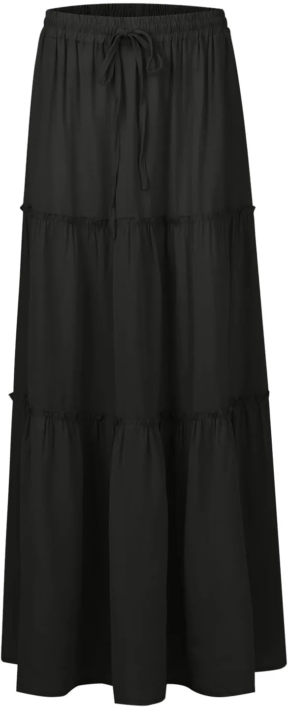 Womens Pleated A-Line Elastic High Waist Maxi Skirt 2025 Summer Casual Trendy Flowy Swing Boho Long Beach Dress