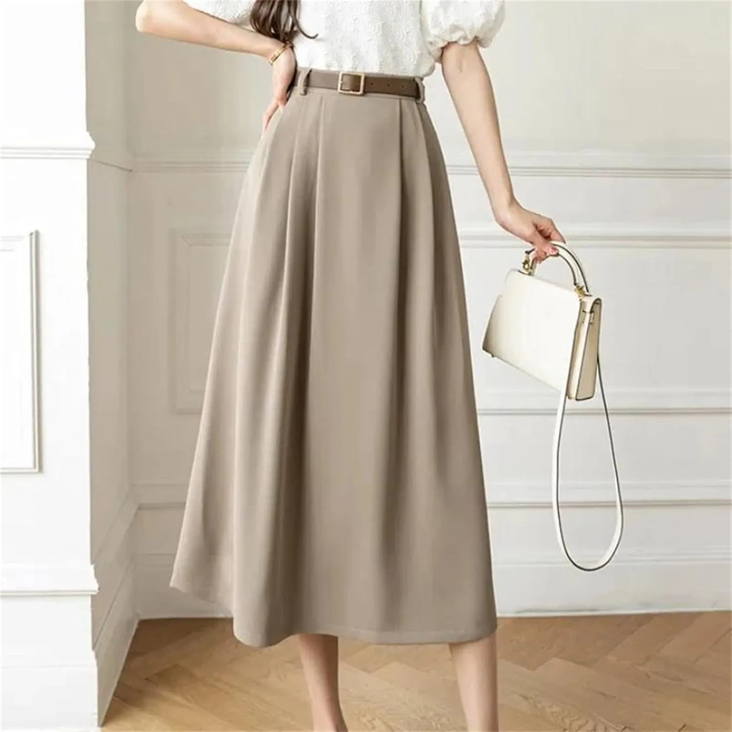 Women's Pleated High Waisted Skirt Mid to Long Length A-Line Skirt