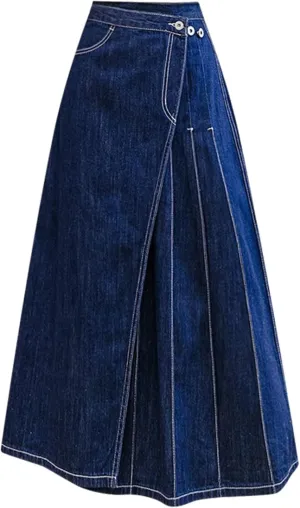 Women's Retro high Waisted Pleated Long Skirt, Large Swing Denim Skirt, Slim fit A-line Swing Denim Long Skirt