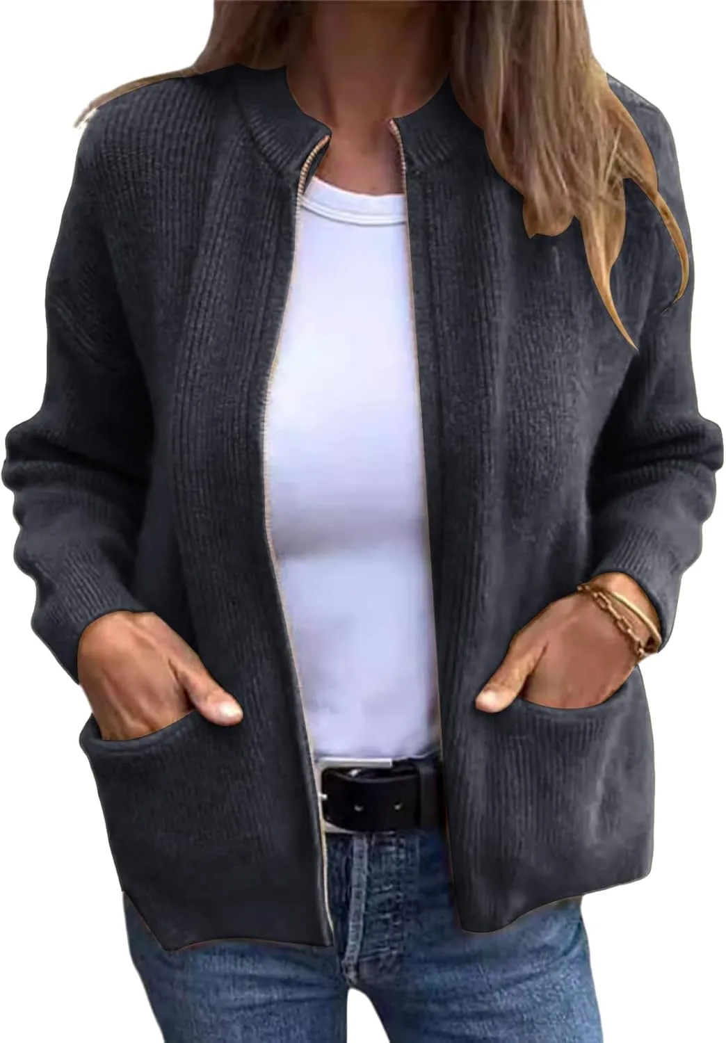 Women's Round Neck Zipper Knitted Jacket Zip Up Sweaters Long Sleeve Casual Loose Outwear with Pockets