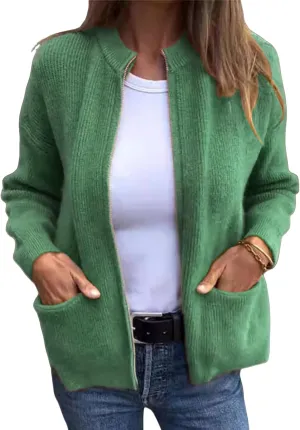 Women's Round Neck Zipper Knitted Jacket Zip Up Sweaters Long Sleeve Casual Loose Outwear with Pockets