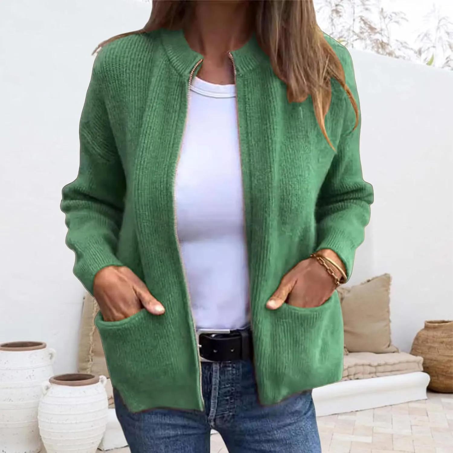 Women's Round Neck Zipper Knitted Jacket Zip Up Sweaters Long Sleeve Casual Loose Outwear with Pockets