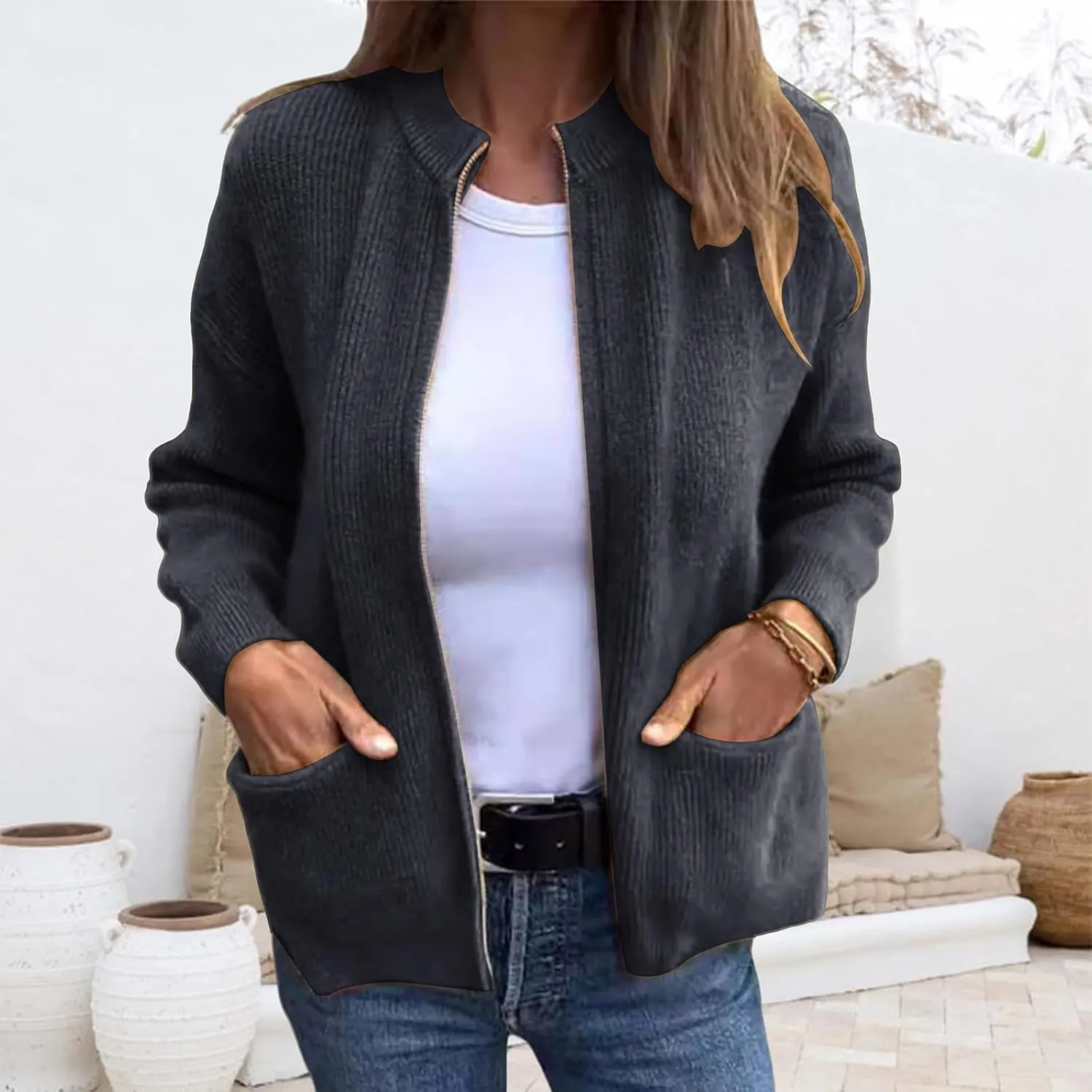 Women's Round Neck Zipper Knitted Jacket Zip Up Sweaters Long Sleeve Casual Loose Outwear with Pockets