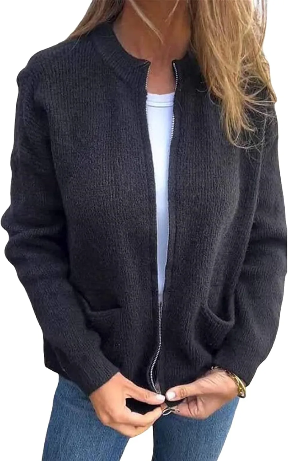 Women's Round Neck Zipper Knitted Jacket Zip Up Sweaters Long Sleeve Casual Loose Outwear with Pockets