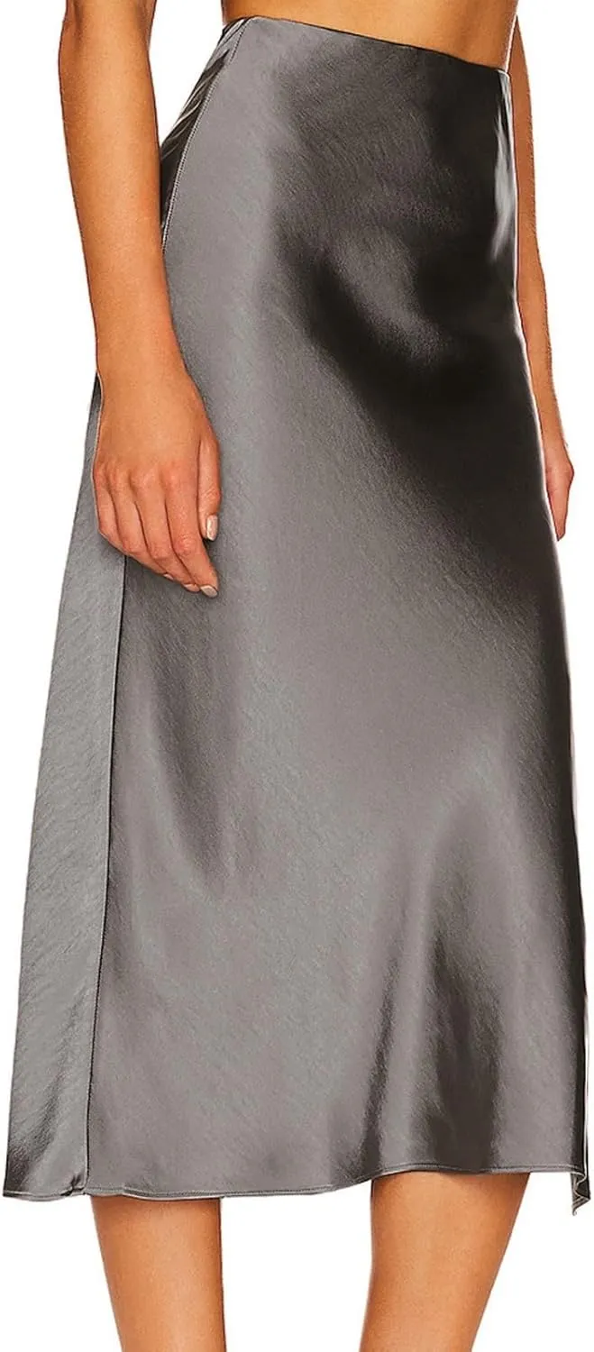 Women's Satin Skirt Elastic High Waisted Solid Color Slit MIDI Skirt Womens Cotton Skirts Above Knee Length