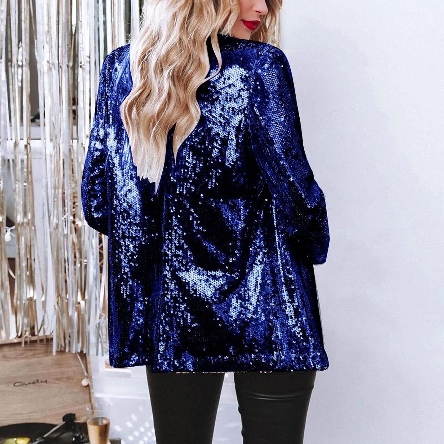 Women's Sequin Blazer Jacket Lightweight Casual Long Sleeves Cardigan Coat Evening Glitter Sparkle Sequins Shiny Outfit
