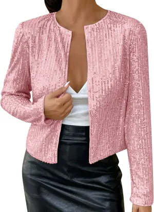 Women's Sequin Glitter Jacket Open Front Flight Short Blazer Party Clubwear Cardigan Sparkly Coat