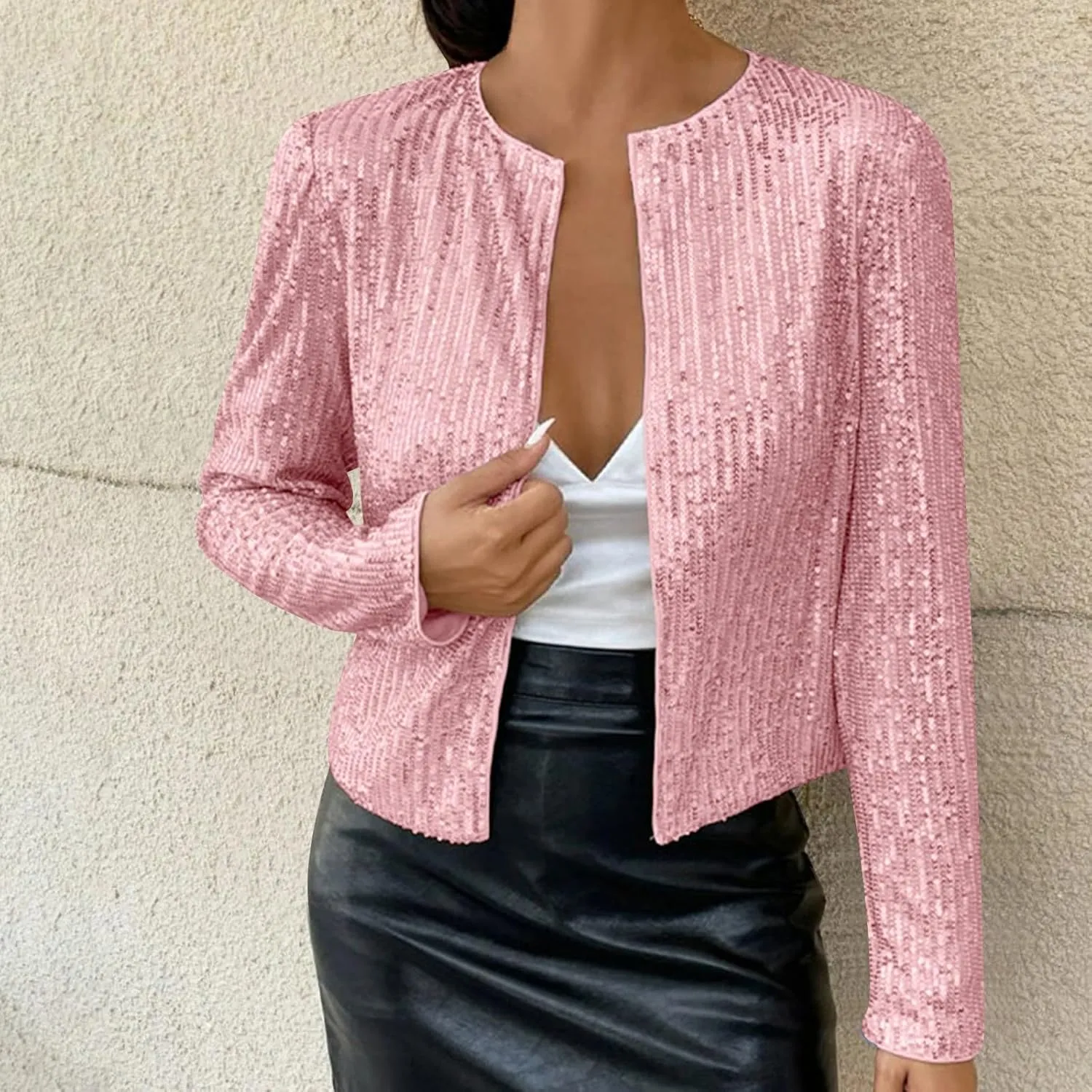 Women's Sequin Glitter Jacket Open Front Flight Short Blazer Party Clubwear Cardigan Sparkly Coat