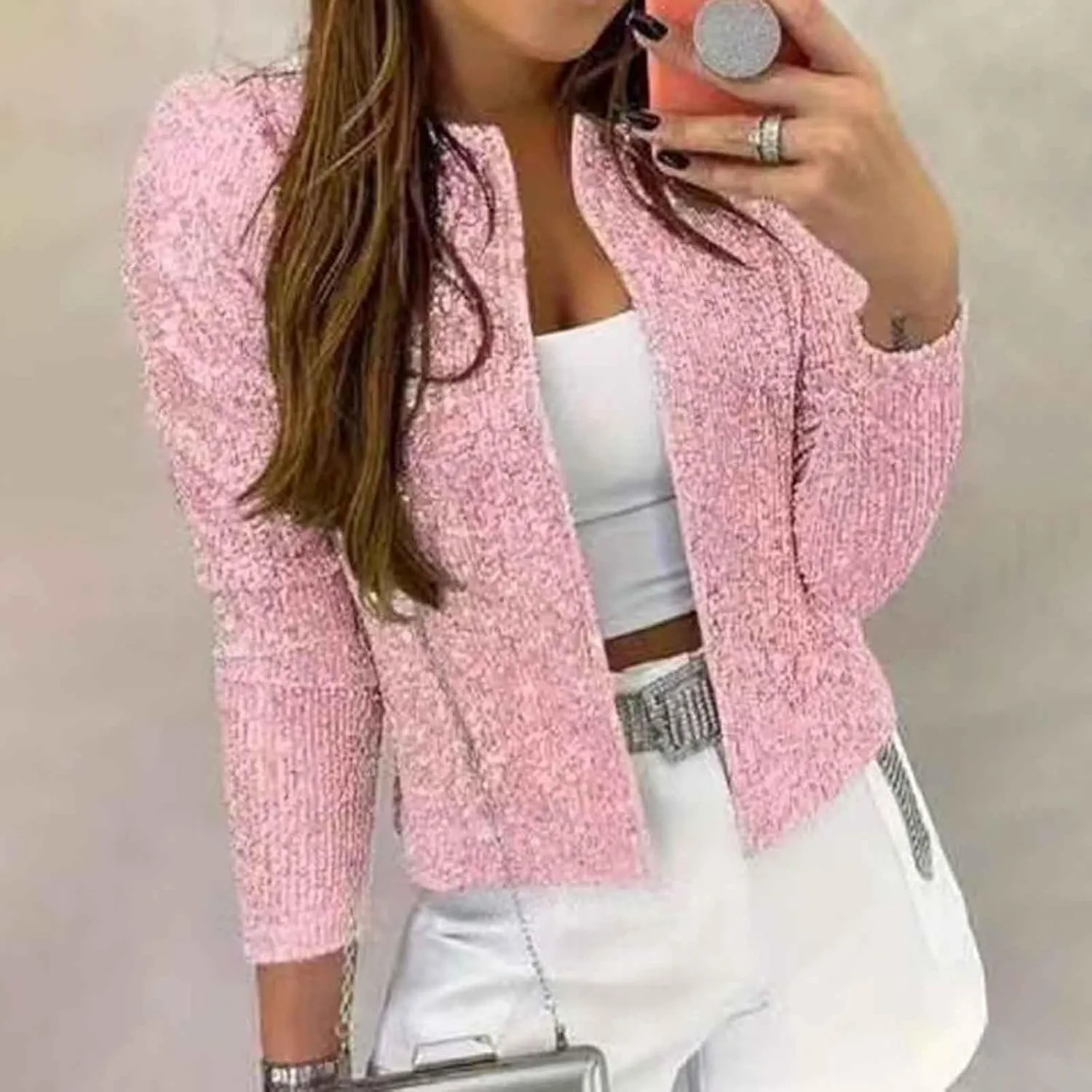 Women's Sequin Glitter Jacket Open Front Flight Short Blazer Party Clubwear Cardigan Sparkly Coat