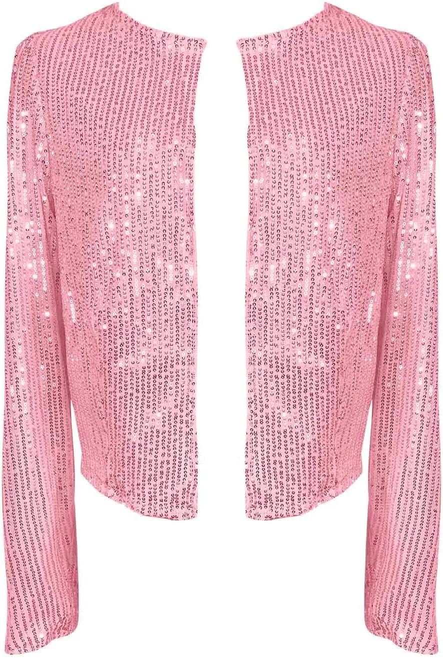 Women's Sequin Glitter Jacket Open Front Flight Short Blazer Party Clubwear Cardigan Sparkly Coat