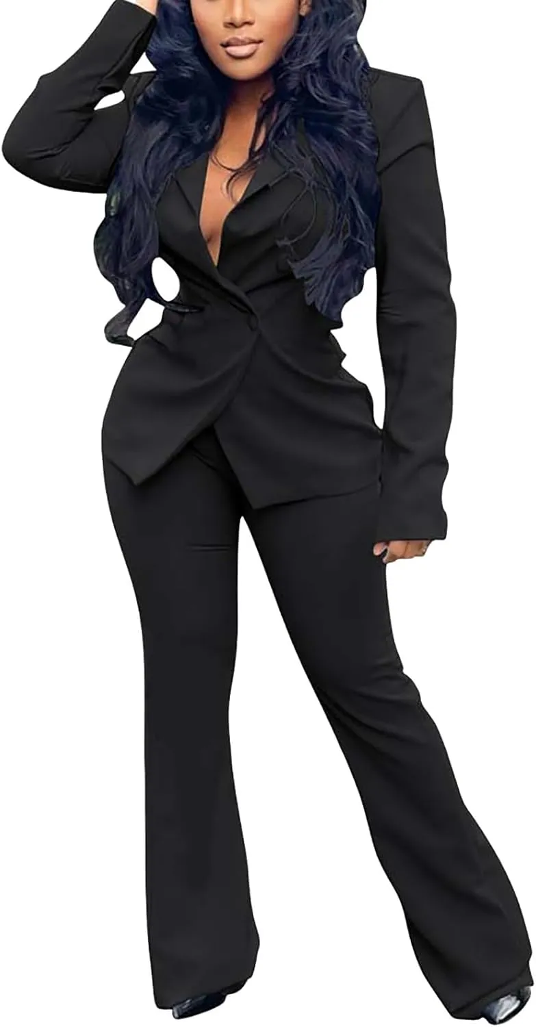 Women's Sexy Casual Pants Suit 2 Piece Business Outfits Solid Long Sleeve Blazer and Slim Fit Bell Bottoms Pant Sets
