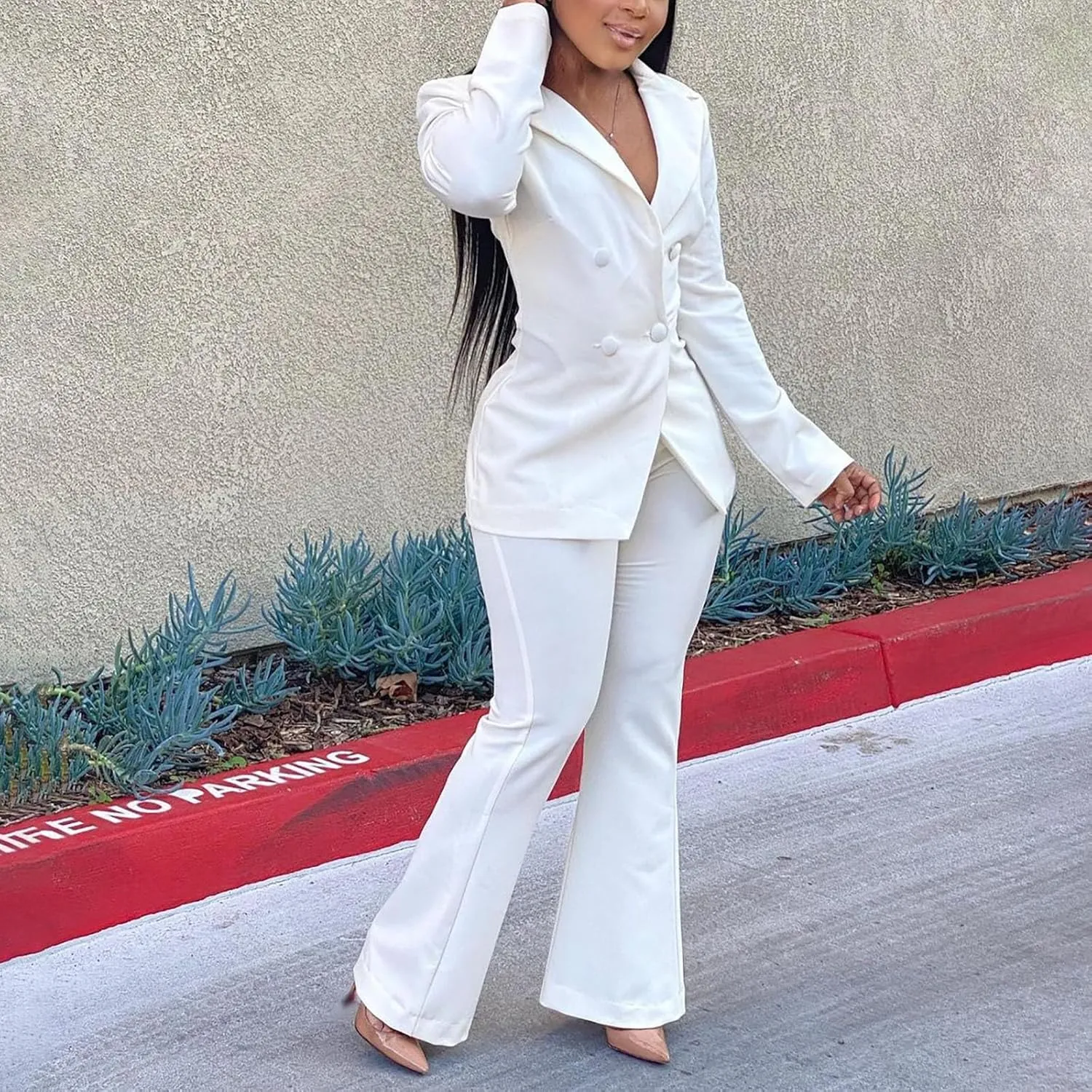 Women's Sexy Casual Pants Suit 2 Piece Business Outfits Solid Long Sleeve Blazer and Slim Fit Bell Bottoms Pant Sets