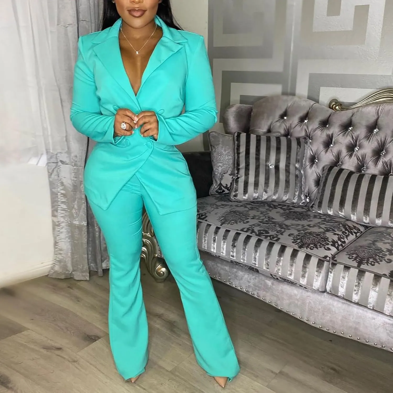 Women's Sexy Casual Pants Suit 2 Piece Business Outfits Solid Long Sleeve Blazer and Slim Fit Bell Bottoms Pant Sets