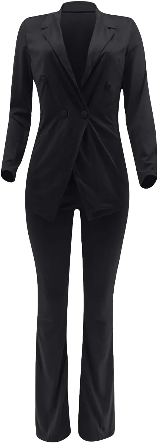 Women's Sexy Casual Pants Suit 2 Piece Business Outfits Solid Long Sleeve Blazer and Slim Fit Bell Bottoms Pant Sets