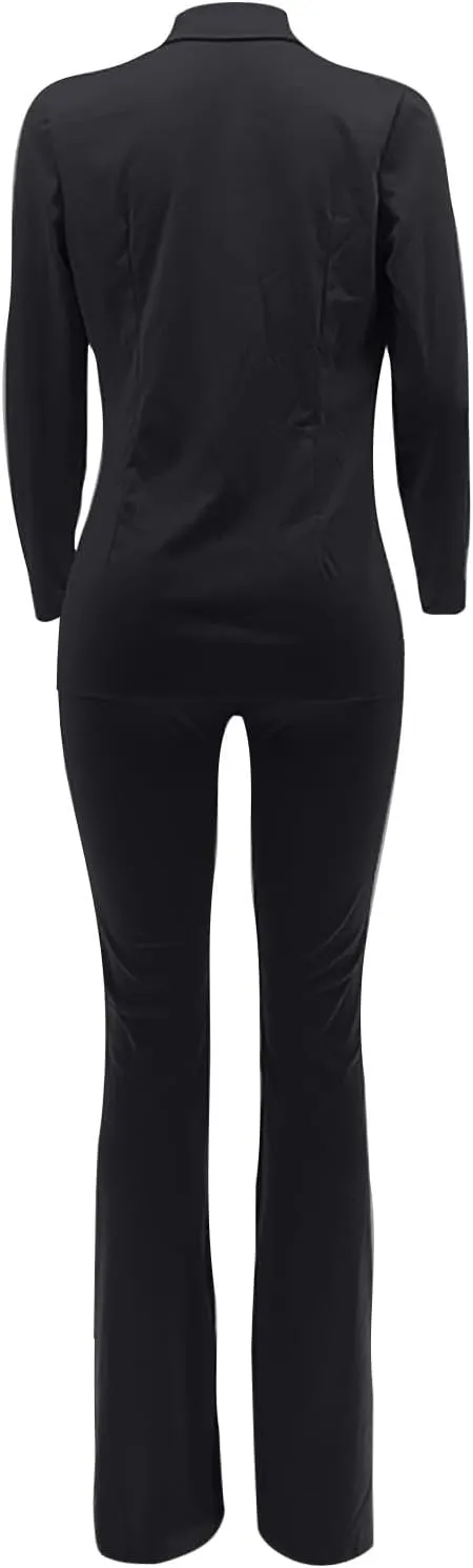 Women's Sexy Casual Pants Suit 2 Piece Business Outfits Solid Long Sleeve Blazer and Slim Fit Bell Bottoms Pant Sets