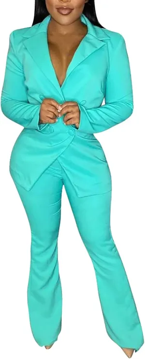 Women's Sexy Casual Pants Suit 2 Piece Business Outfits Solid Long Sleeve Blazer and Slim Fit Bell Bottoms Pant Sets