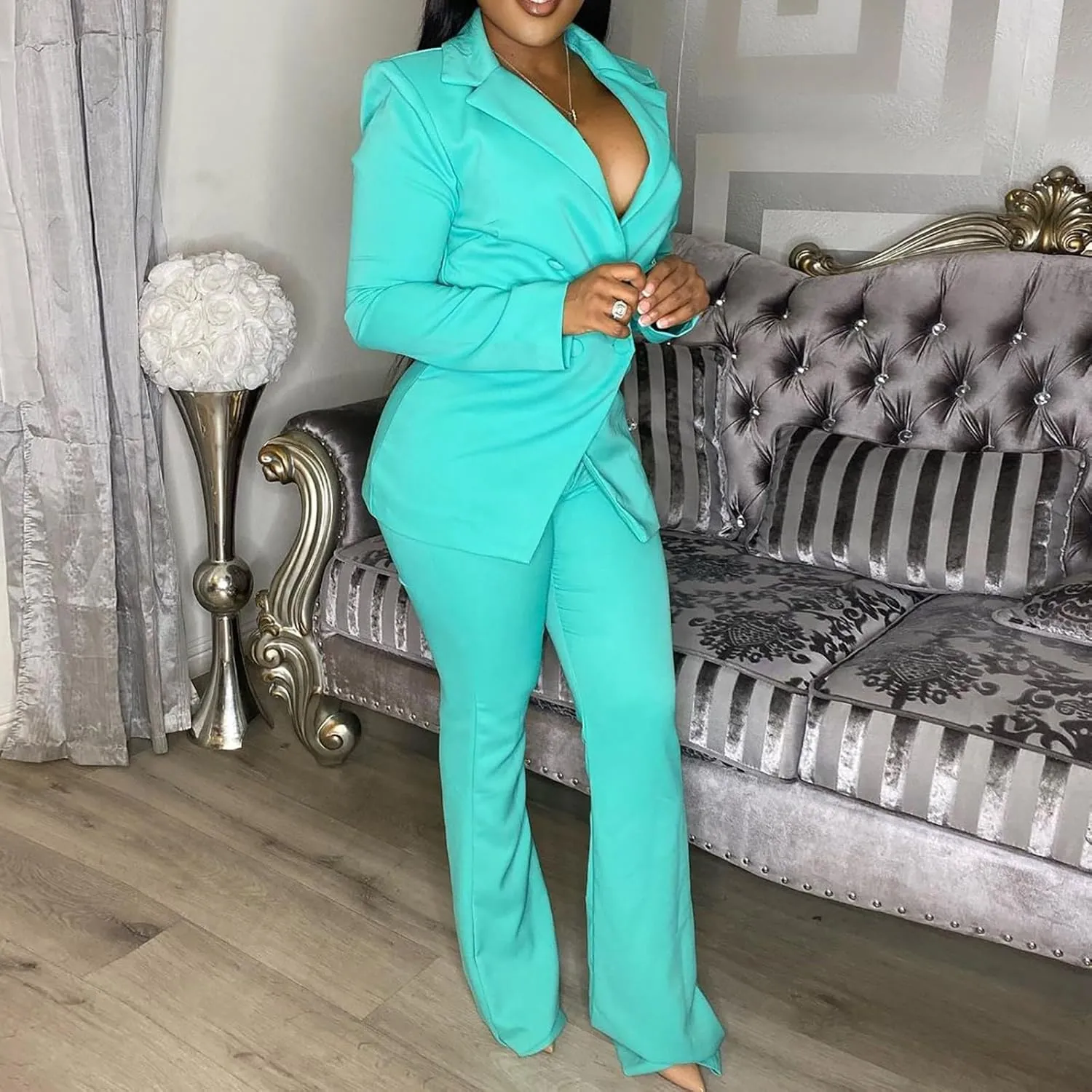Women's Sexy Casual Pants Suit 2 Piece Business Outfits Solid Long Sleeve Blazer and Slim Fit Bell Bottoms Pant Sets