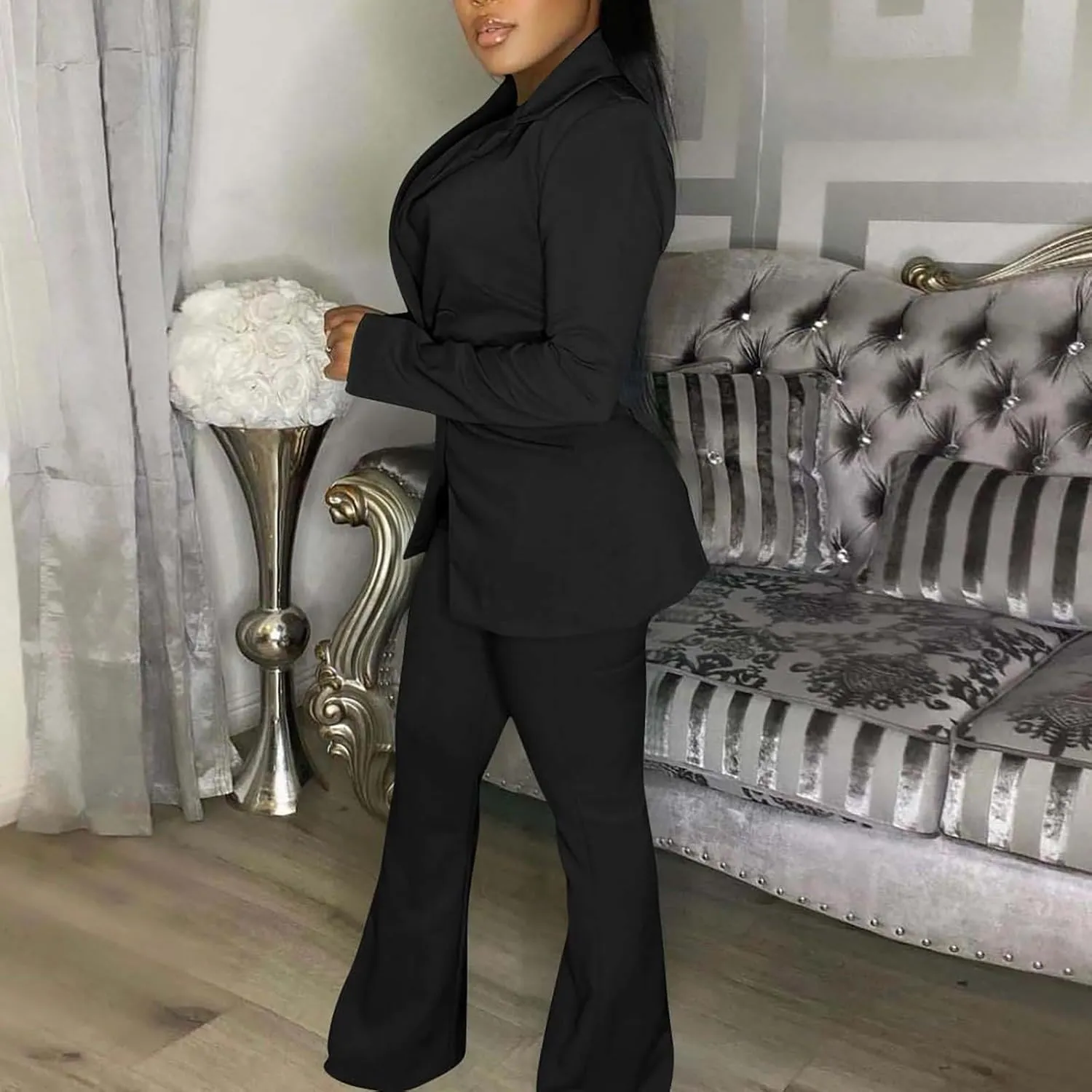 Women's Sexy Casual Pants Suit 2 Piece Business Outfits Solid Long Sleeve Blazer and Slim Fit Bell Bottoms Pant Sets