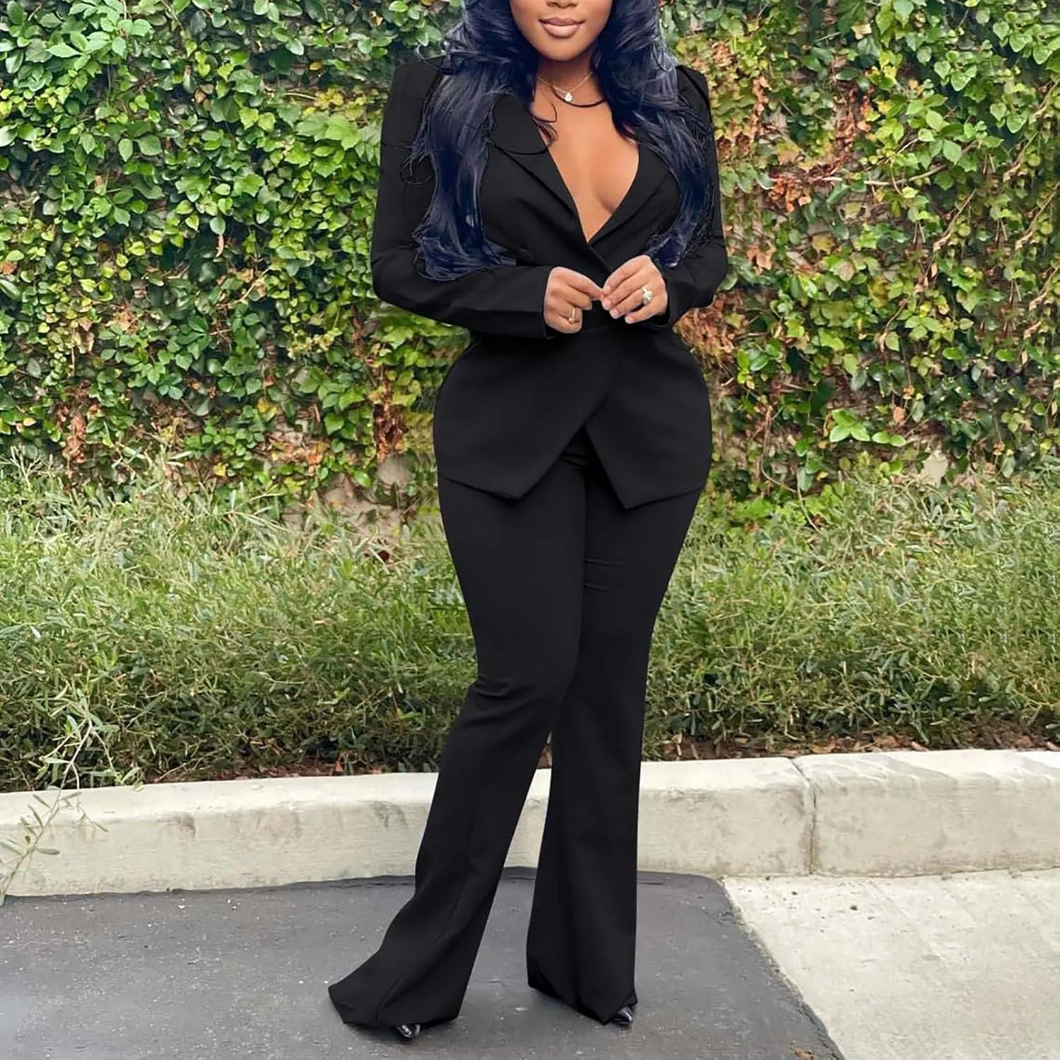 Women's Sexy Casual Pants Suit 2 Piece Business Outfits Solid Long Sleeve Blazer and Slim Fit Bell Bottoms Pant Sets