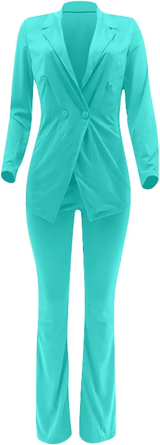 Women's Sexy Casual Pants Suit 2 Piece Business Outfits Solid Long Sleeve Blazer and Slim Fit Bell Bottoms Pant Sets