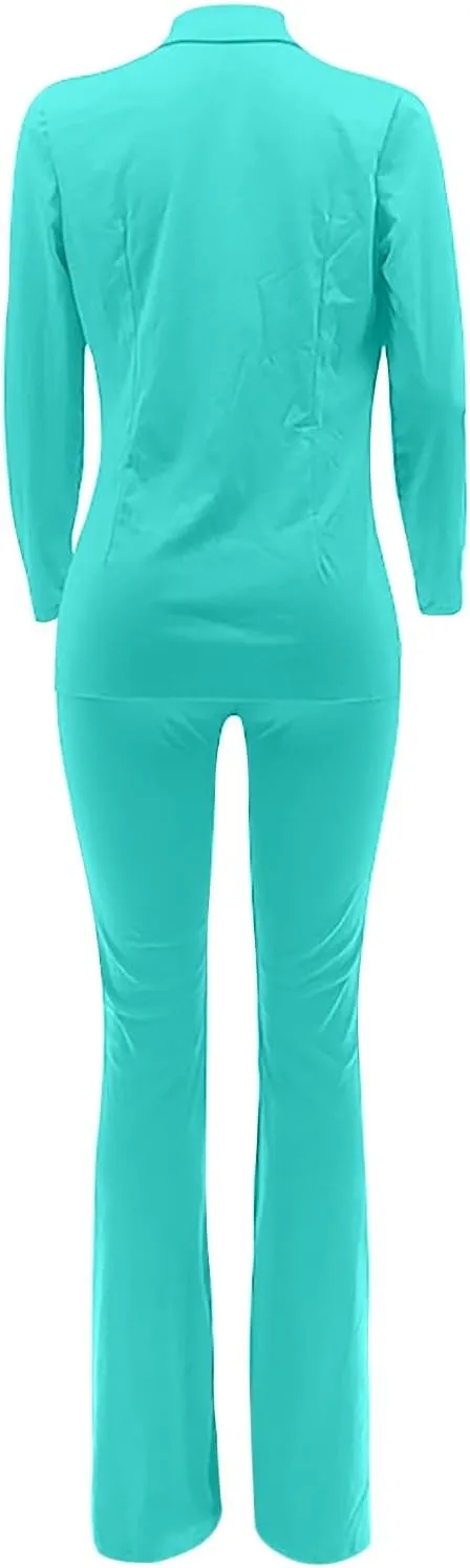Women's Sexy Casual Pants Suit 2 Piece Business Outfits Solid Long Sleeve Blazer and Slim Fit Bell Bottoms Pant Sets