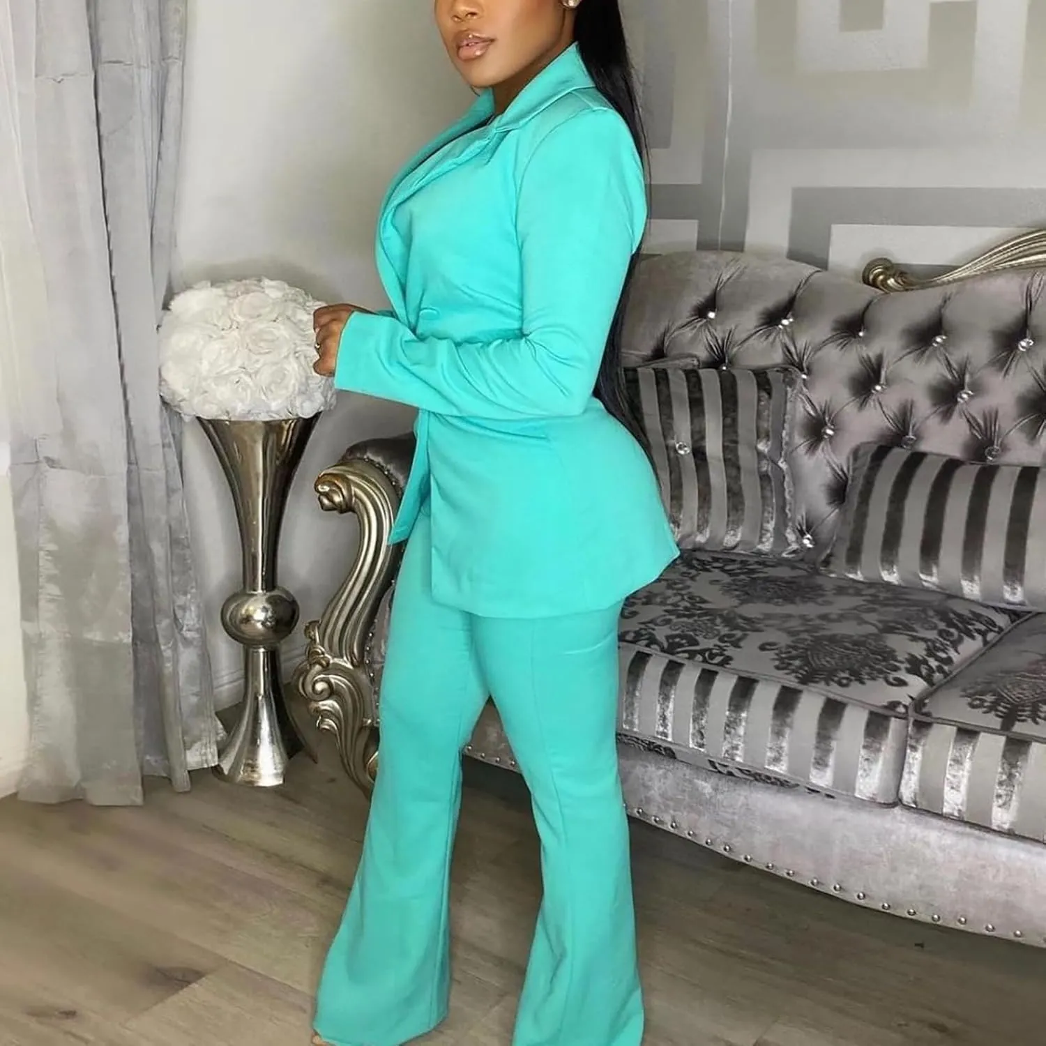 Women's Sexy Casual Pants Suit 2 Piece Business Outfits Solid Long Sleeve Blazer and Slim Fit Bell Bottoms Pant Sets