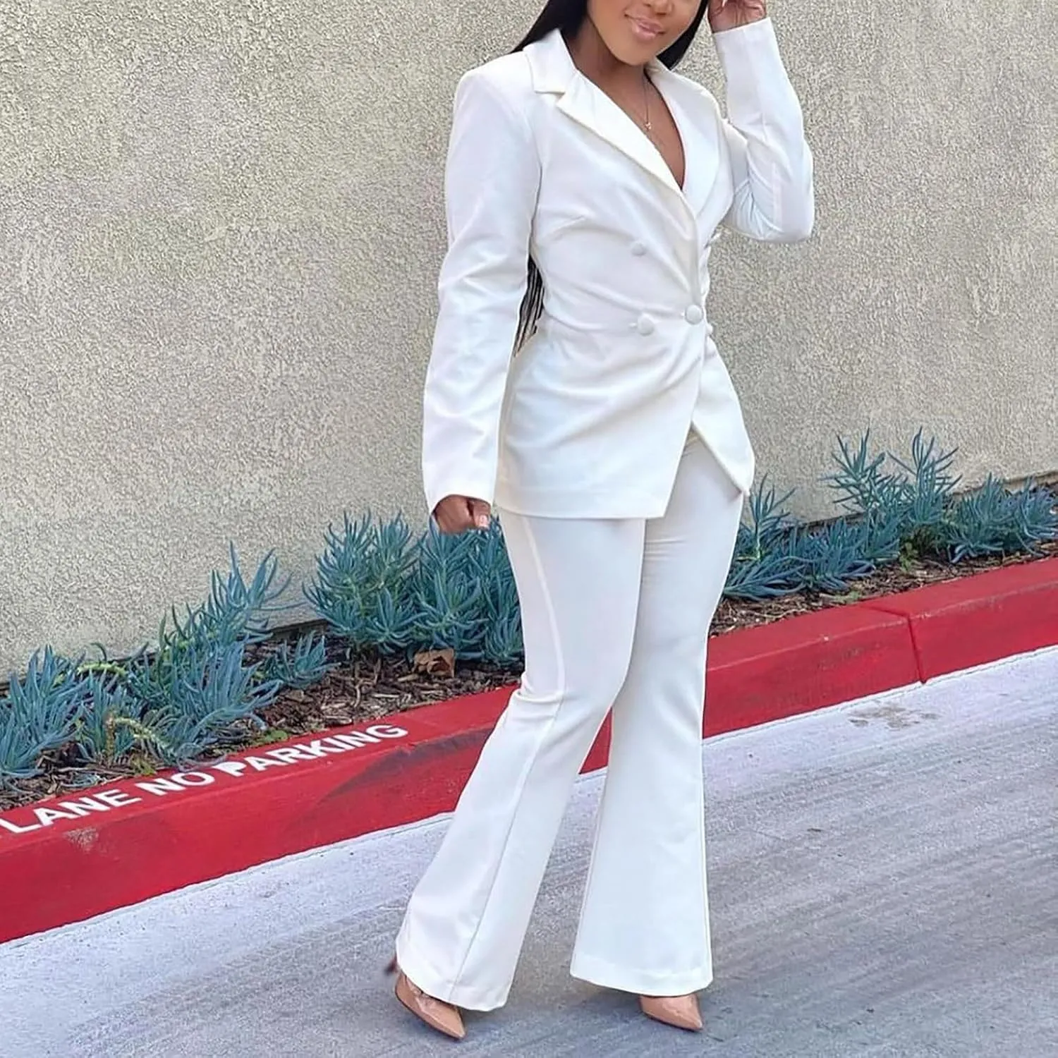 Women's Sexy Casual Pants Suit 2 Piece Business Outfits Solid Long Sleeve Blazer and Slim Fit Bell Bottoms Pant Sets