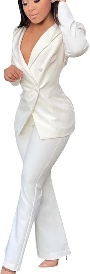 Women's Sexy Casual Pants Suit 2 Piece Business Outfits Solid Long Sleeve Blazer and Slim Fit Bell Bottoms Pant Sets
