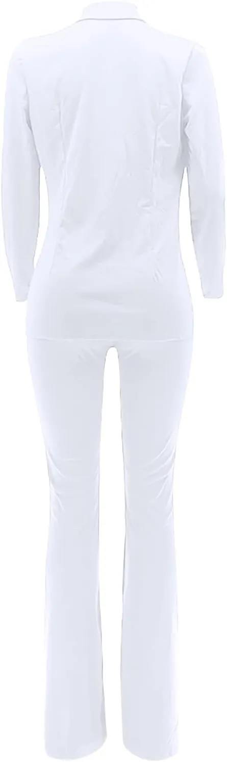 Women's Sexy Casual Pants Suit 2 Piece Business Outfits Solid Long Sleeve Blazer and Slim Fit Bell Bottoms Pant Sets