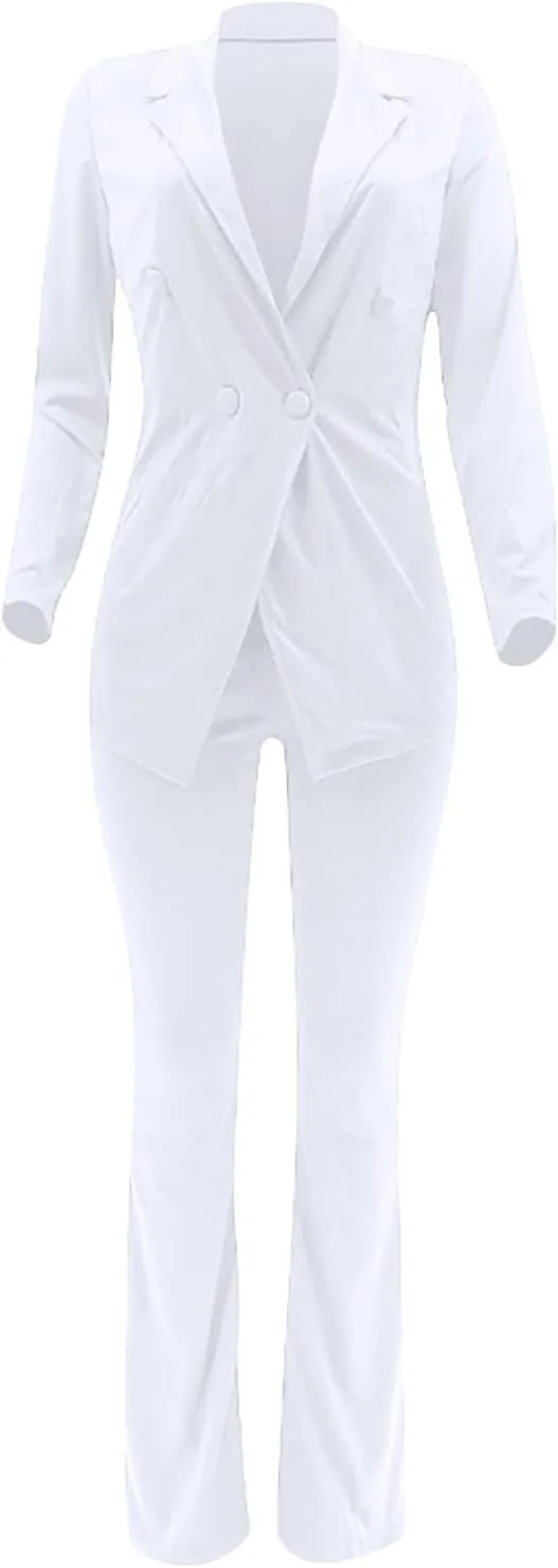 Women's Sexy Casual Pants Suit 2 Piece Business Outfits Solid Long Sleeve Blazer and Slim Fit Bell Bottoms Pant Sets