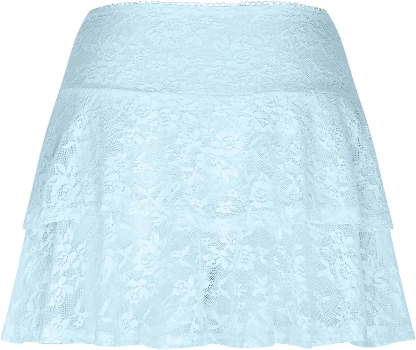 Womens Sexy High Waist Floral Lace Skirt Layered Ruffle Hem Mini Skirt Smocked A Line Pleated Beach Short Skirt