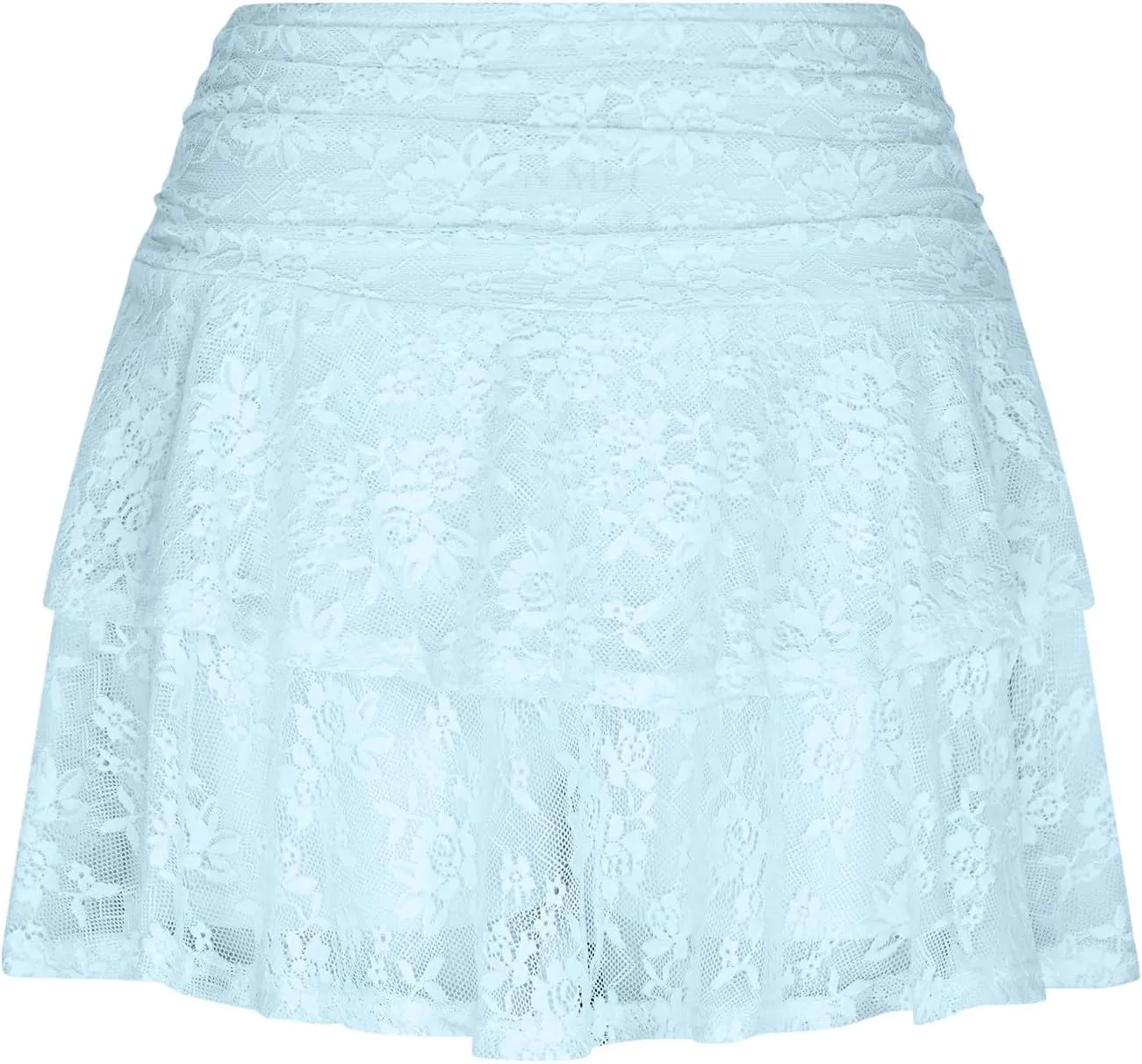 Womens Sexy High Waist Floral Lace Skirt Layered Ruffle Hem Mini Skirt Smocked A Line Pleated Beach Short Skirt