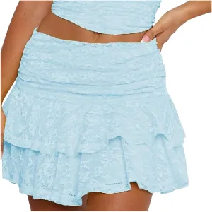 Womens Sexy High Waist Floral Lace Skirt Layered Ruffle Hem Mini Skirt Smocked A Line Pleated Beach Short Skirt