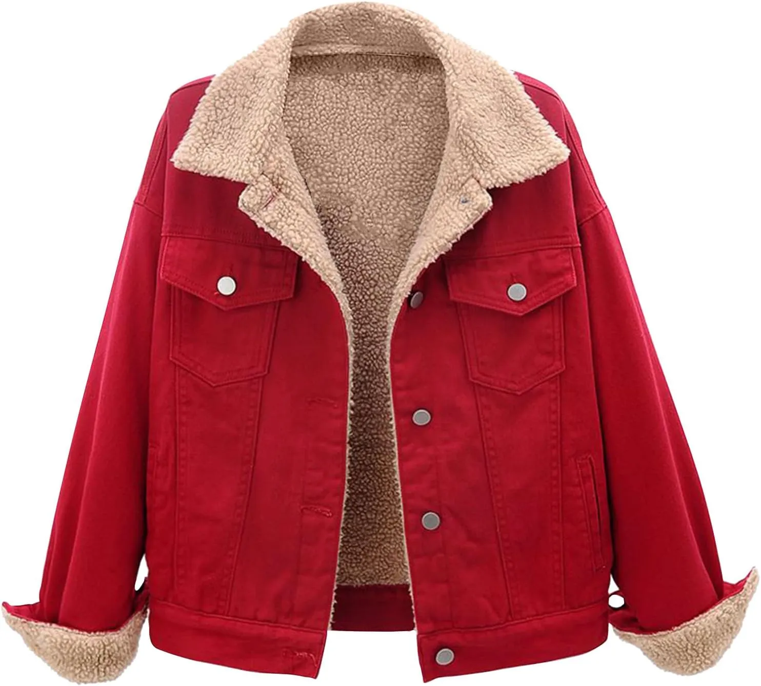 Womens Sherpa Lined Denim Jackets Long Sleeve Button Down Jean Coat Winter Warm Loose Fit Solid Color Furry Jackets